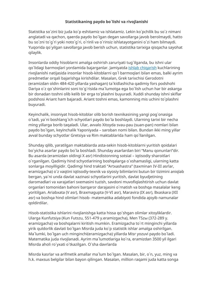 Statistikaning paydo bo`lishi va rivojlanishi