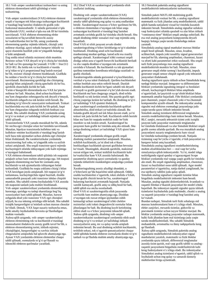 Volt–amper xarakteristikasi tushunchasi va uning elektron elementlarni tahlil qilishdagi o‘rnini tushuntiring