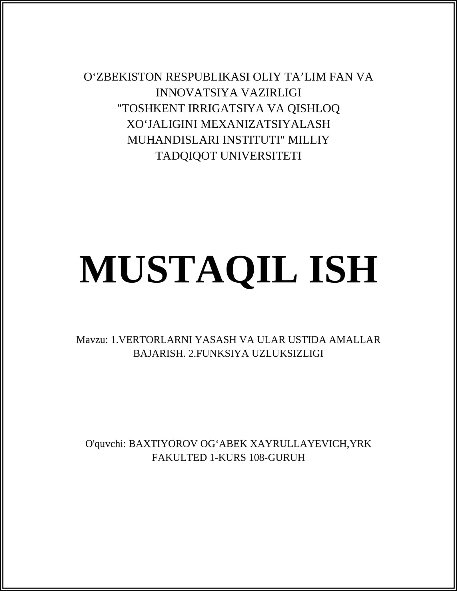 VERTORLARNI YASASH VA ULAR USTIDA AMALLAR BAJARISH