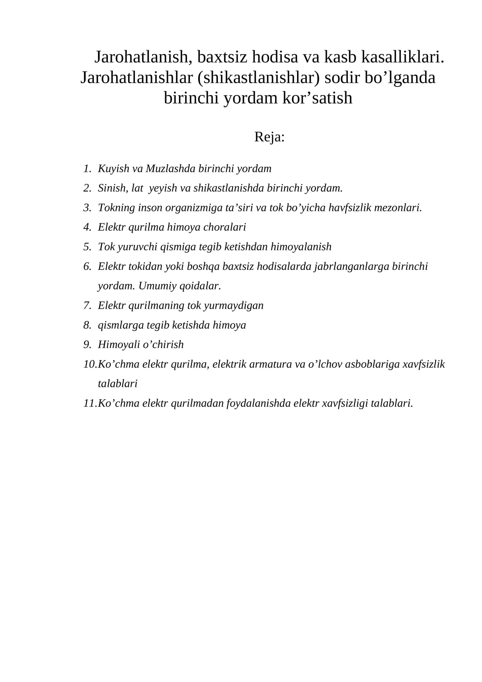 Jarohatlanish, baxtsiz hodisa va kasb kasalliklari. Jarohatlanishlar (shikastlanishlar) sodir bo’lganda birinchi yordam kor’satish