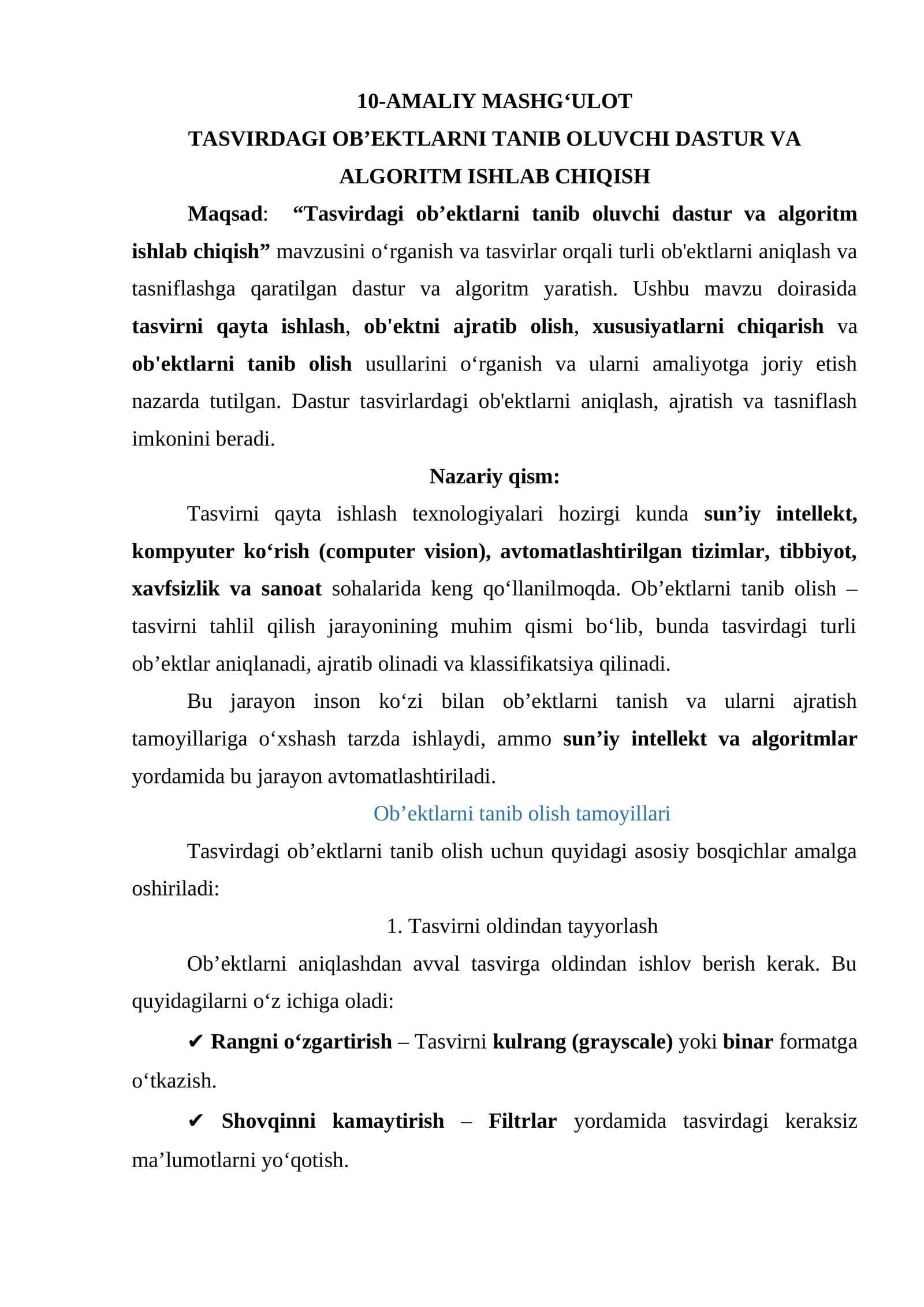10-AMALIY MASHGʻULOT TASVIRDAGI OB’EKTLARNI TANIB OLUVCHI DASTUR VA ALGORITM ISHLAB CHIQISH