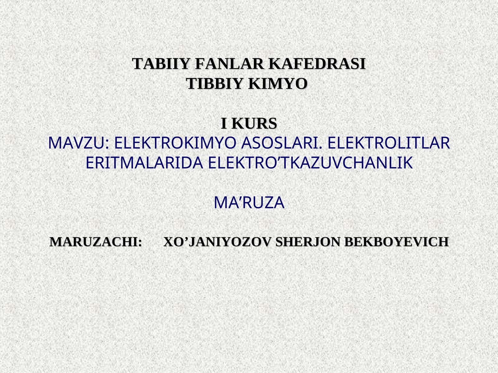 ELEKTROKIMYO ASOSLARI. ELEKTROLITLAR ERITMALARIDA ELEKTRO’TKAZUVCHANLIK