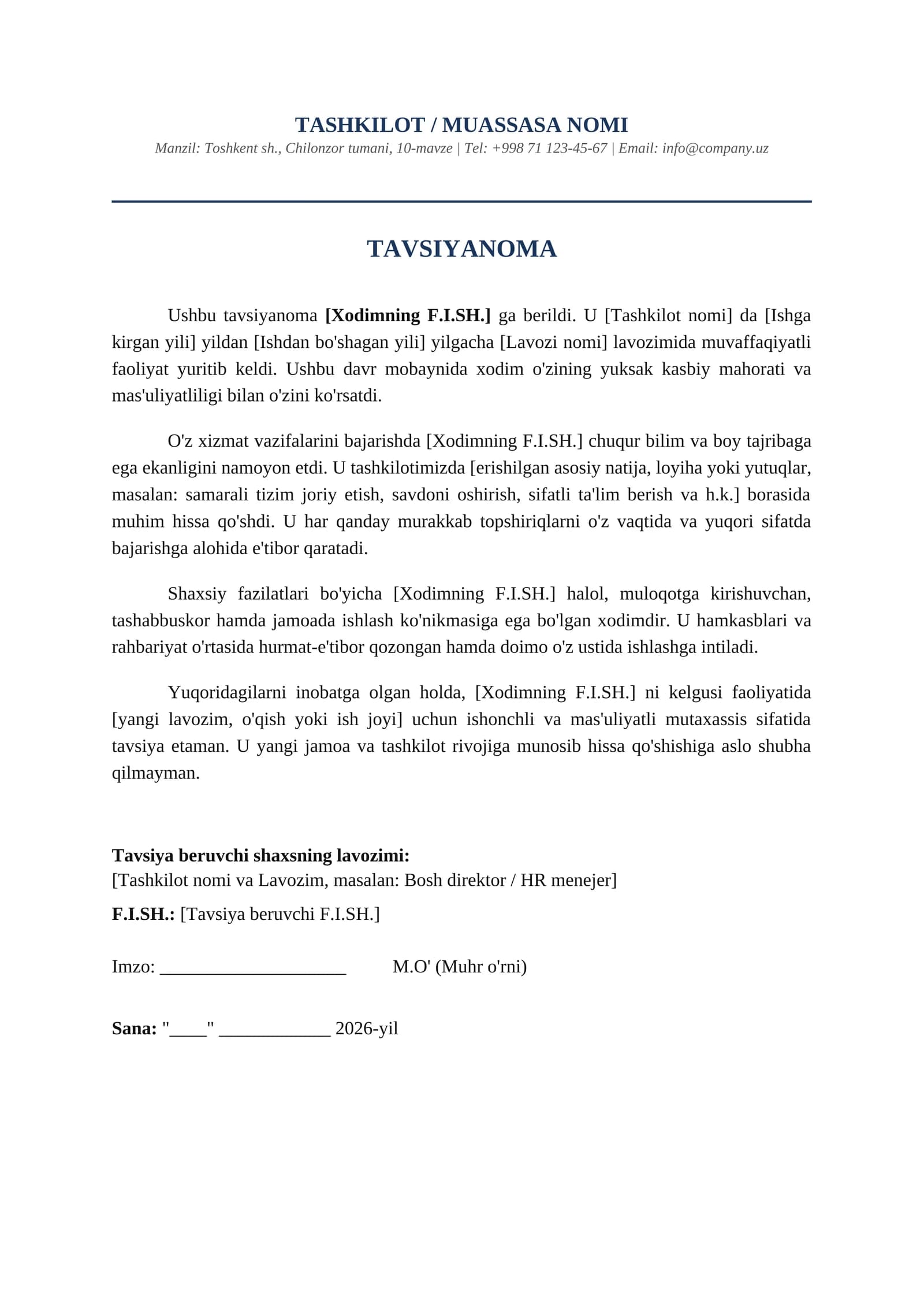 Hodim uchun tavsiyanoma shabloni
