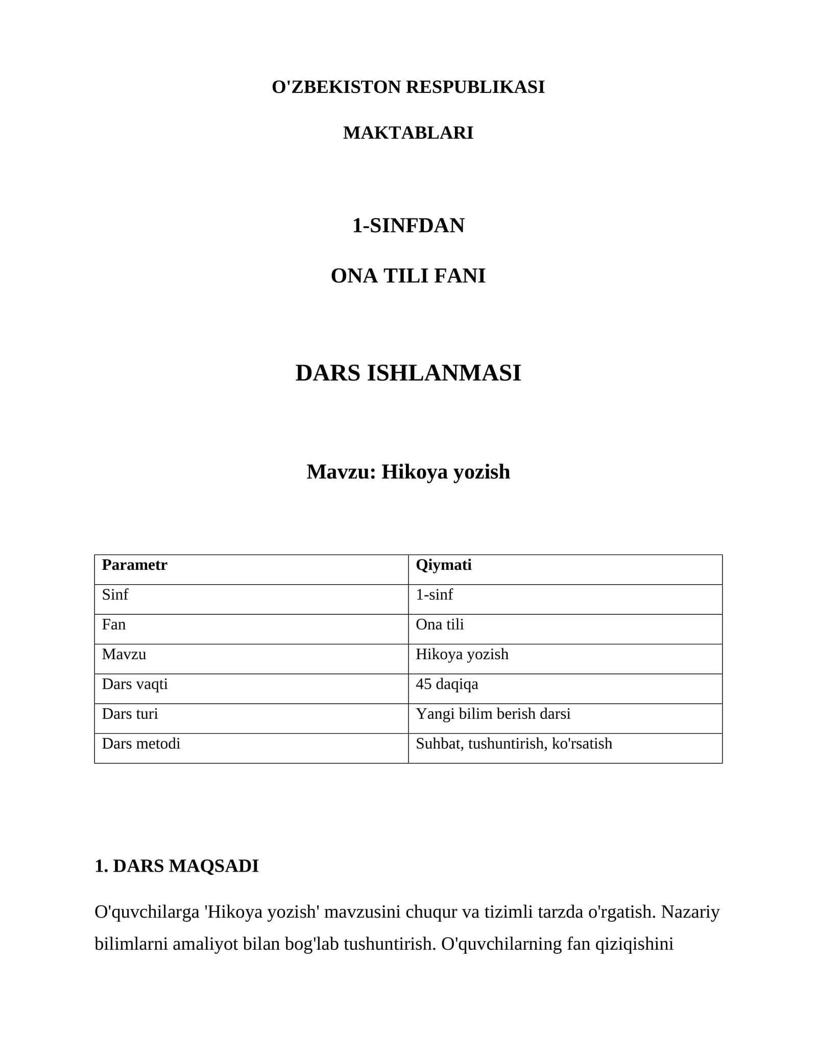 DARS ISHLANMASI - ONA TILI FANI - HIKOYA YOZISH