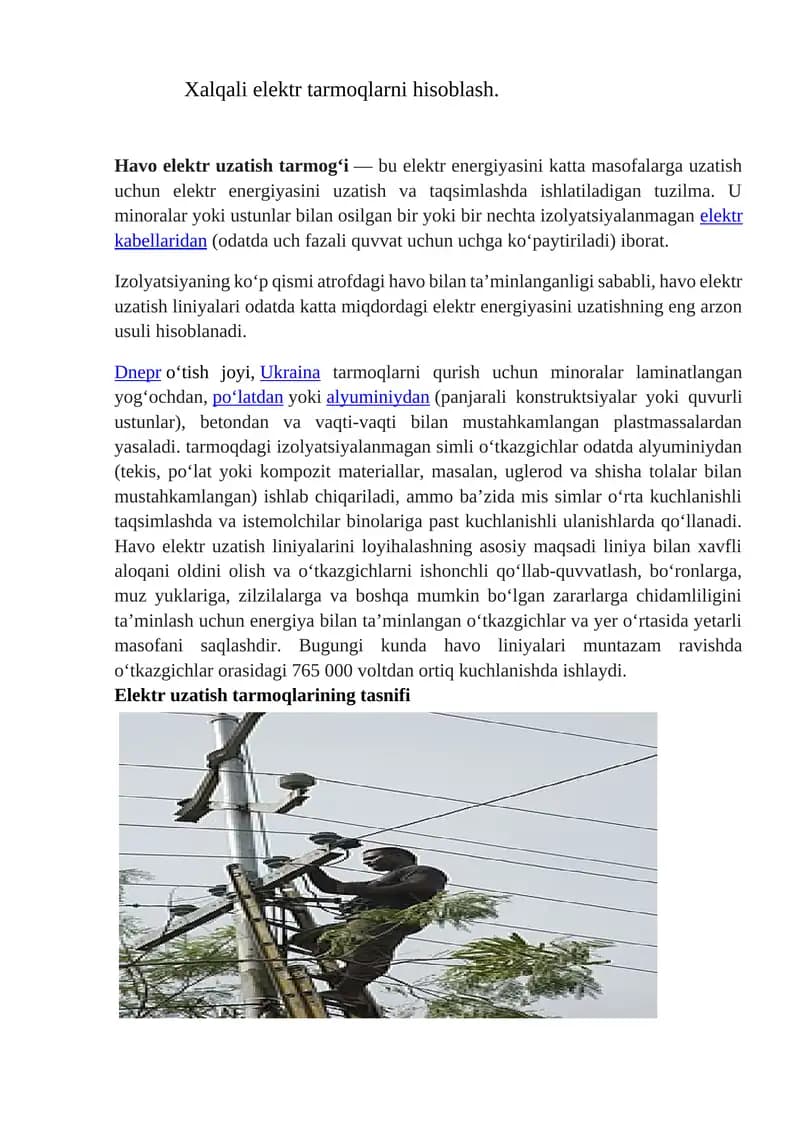 Xalqali elektr tarmoqlarni hisoblash.