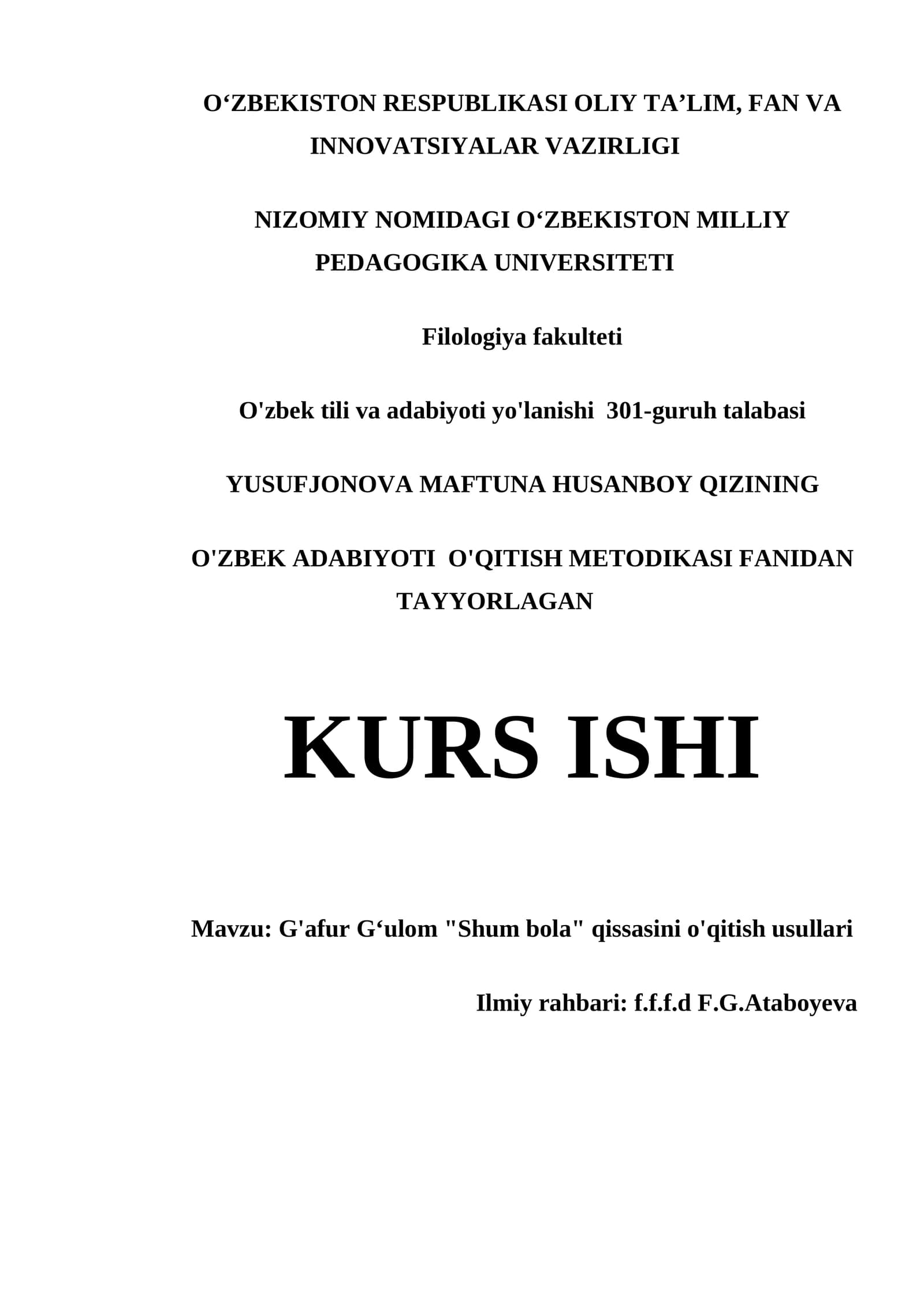 G'AFUR GʻULOM "SHUM BOLA" QISSASINI O'QITISH USULLARI