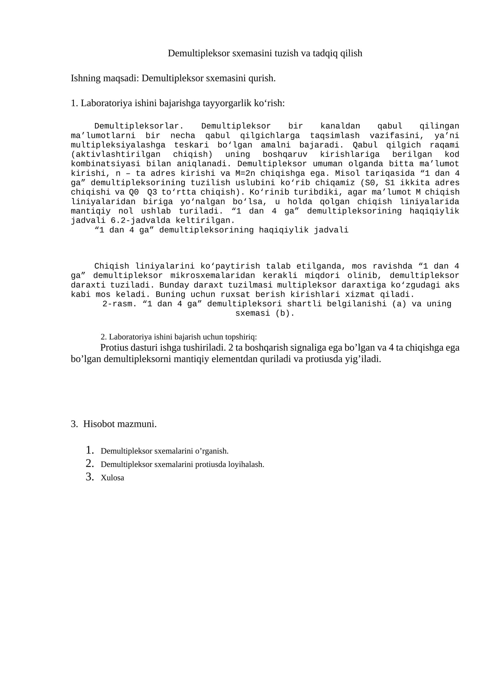Demultipleksor sxemasini tuzish va tadqiq qilish