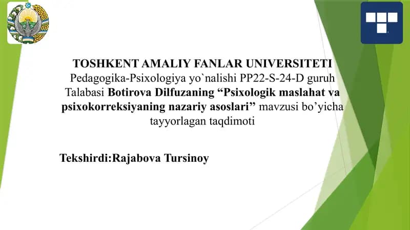 Psixologik maslahat va psixokorreksiyaning nazariy asoslari