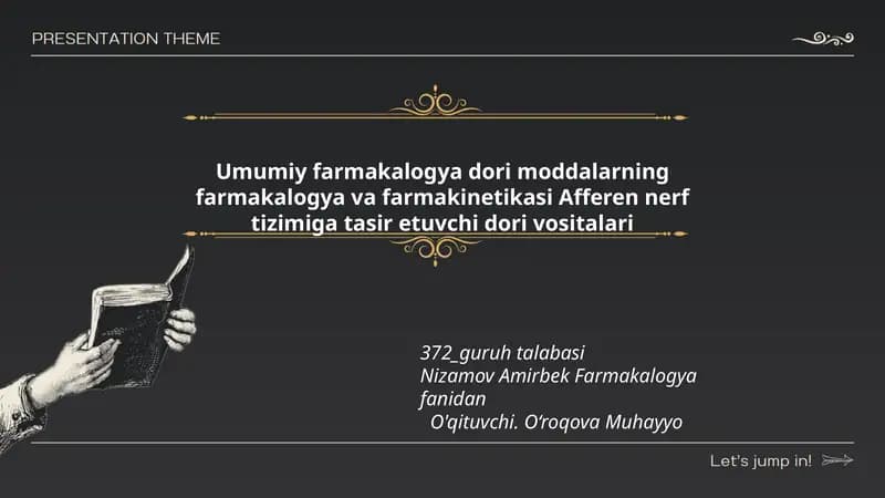 Umumiy farmakalogya dori moddalarning farmakalogya va farmakinetikasi Afferen nerf tizimiga tasir etuvchi dori vositalari