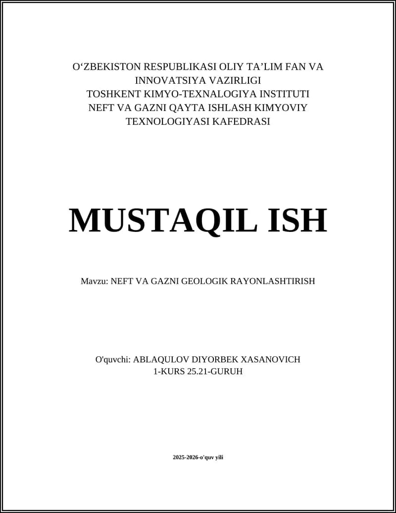 NEFT VA GAZNI GEOLOGIK RAYONLASHTIRISH