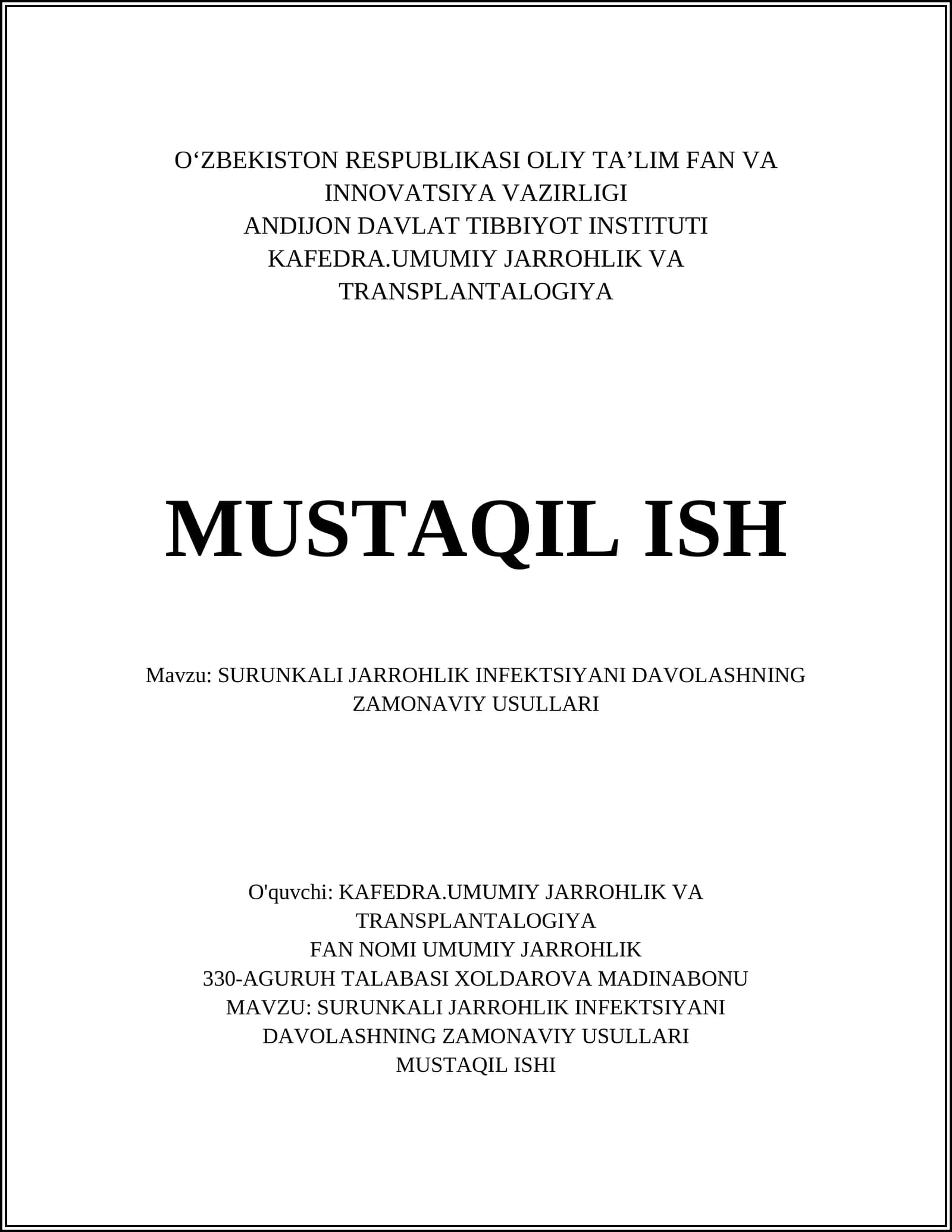 SURUNKALI JARROHLIK INFEKTSIYANI DAVOLASHNING ZAMONAVIY USULLARI