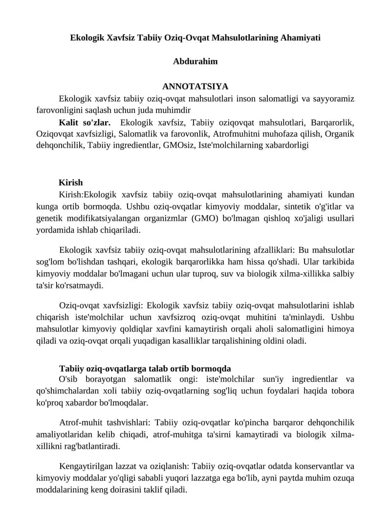 Ekologik Xavfsiz Tabiiy Оziq-Оvqat Mahsulotlarining Ahamiyati