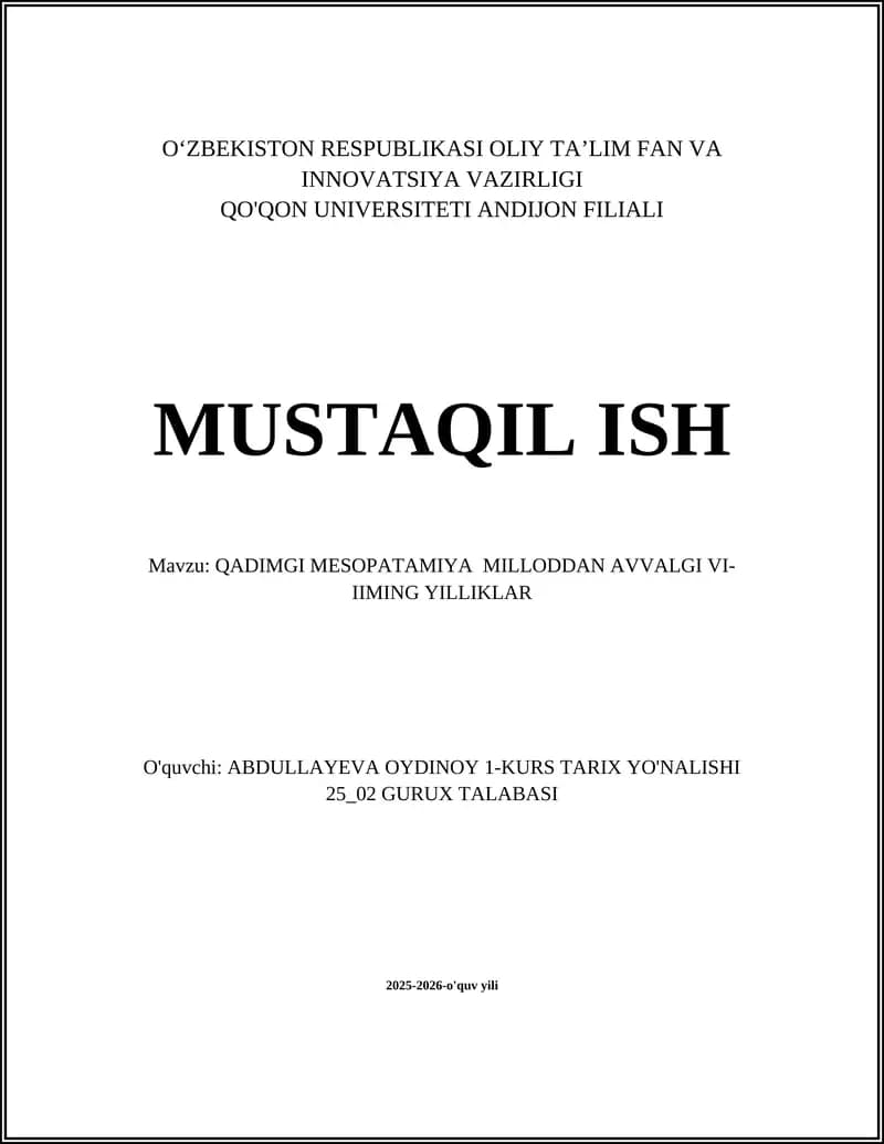 QADIMG MESOPATAMIYA MILLODAN AVVALGI VI-IIMING YILLIKLAR