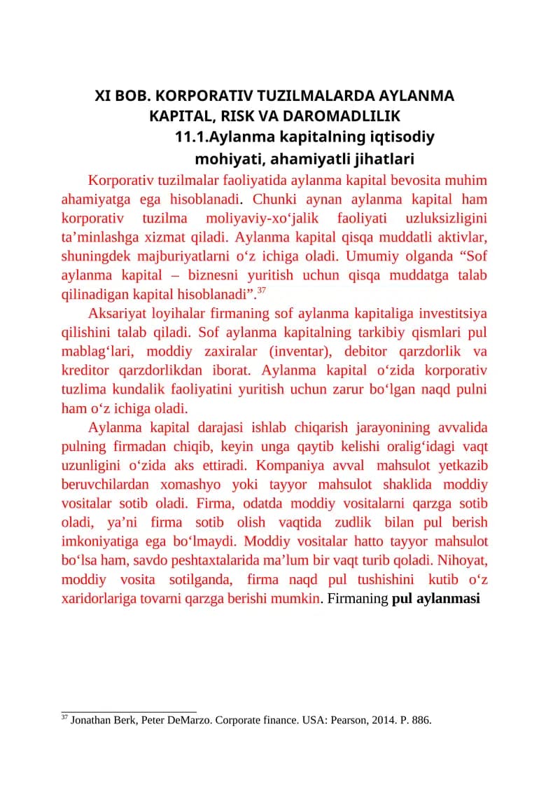 KORPORATIV TUZILMALARDA AYLANMA KAPITAL, RISK VA DAROMADLILIK
