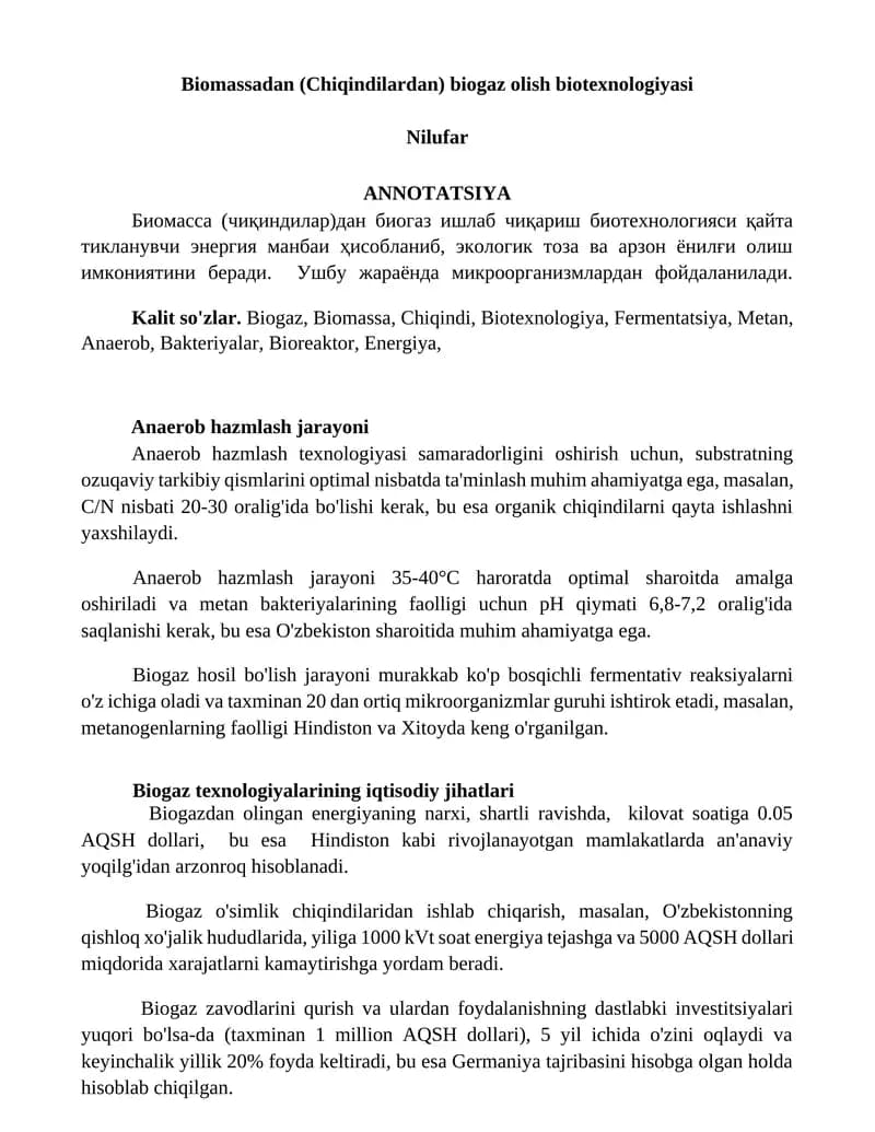 Biomassadan (Chiqindilardan) biogaz olish biotexnologiyasi