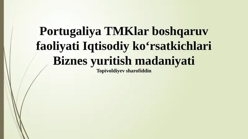 Portugaliya TMKlar boshqaruv faoliyati Iqtisodiy koʻrsatkichlari Biznes yuritish madaniyati