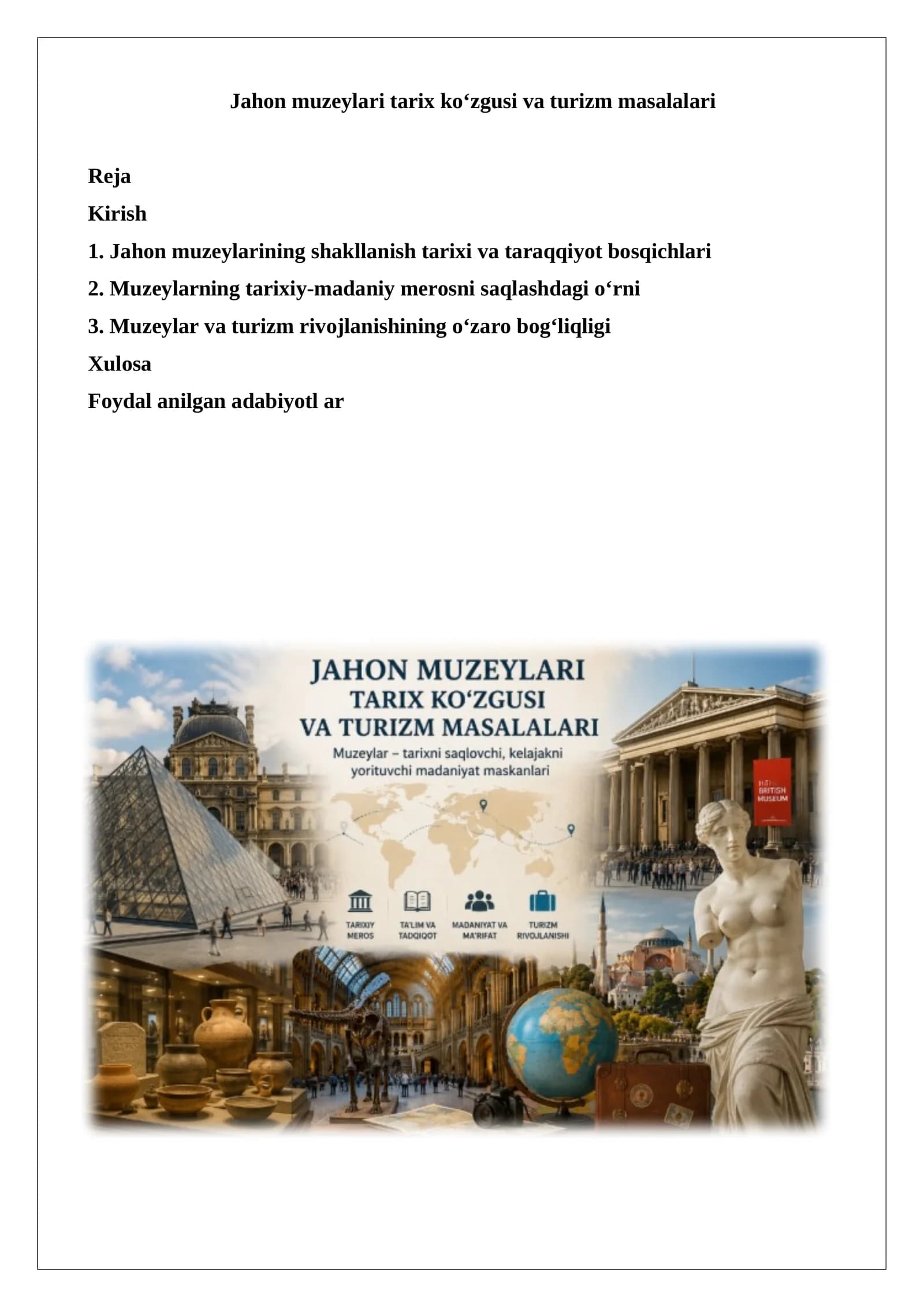 Jahon muzeylari tarixi va turizm masalalari