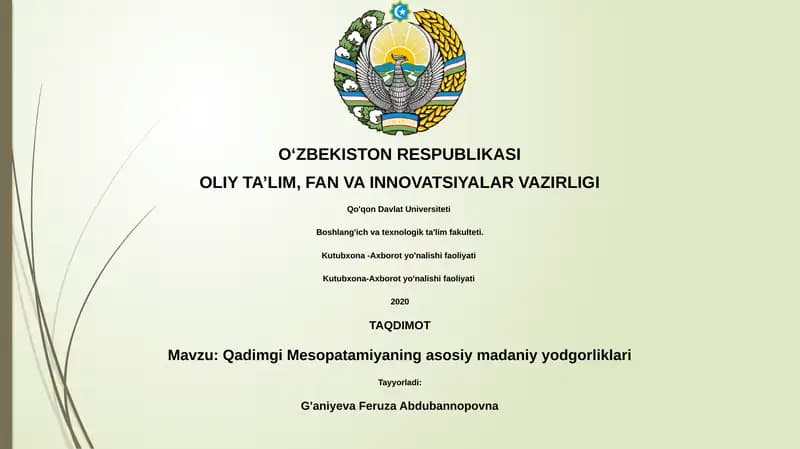 Qadimgi Mesopatamiyaning asosiy madaniy yodgorliklari