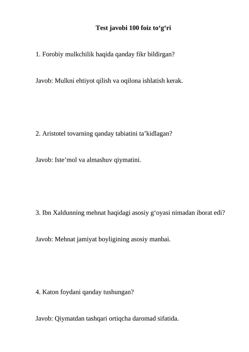 Iqtisodiy ta'limotlar tarixi testlar javobi bilan