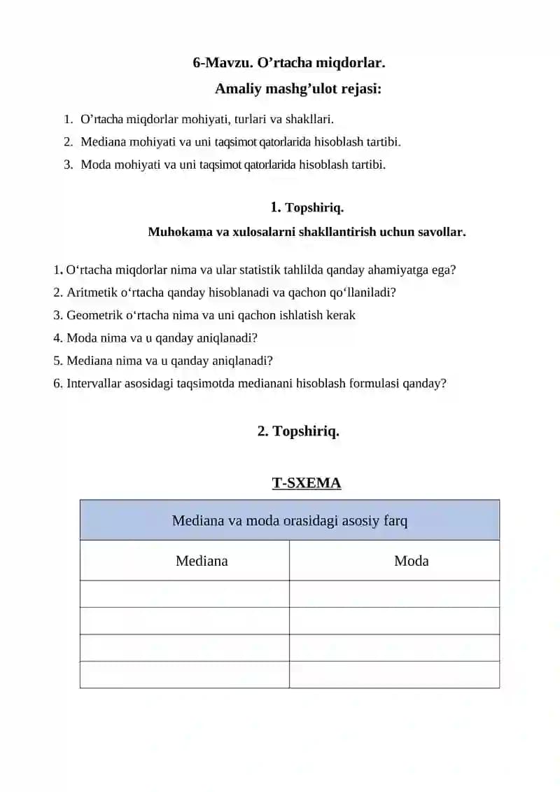 O'rtacha miqdorlar, Mediana, Moda