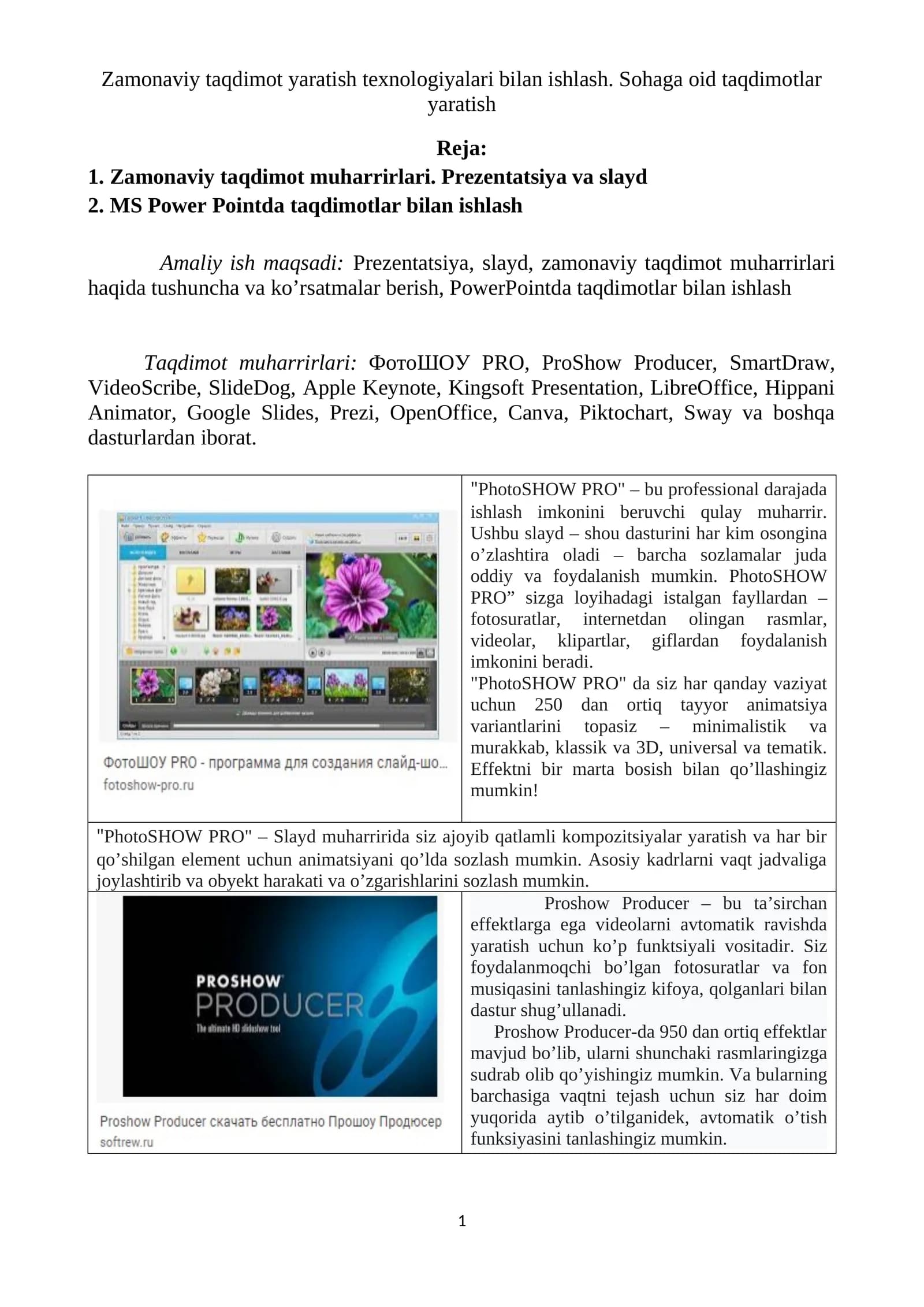 Zamonaviy taqdimot yaratish texnologiyalari bilan ishlash. Sohaga oid taqdimotlar yaratish