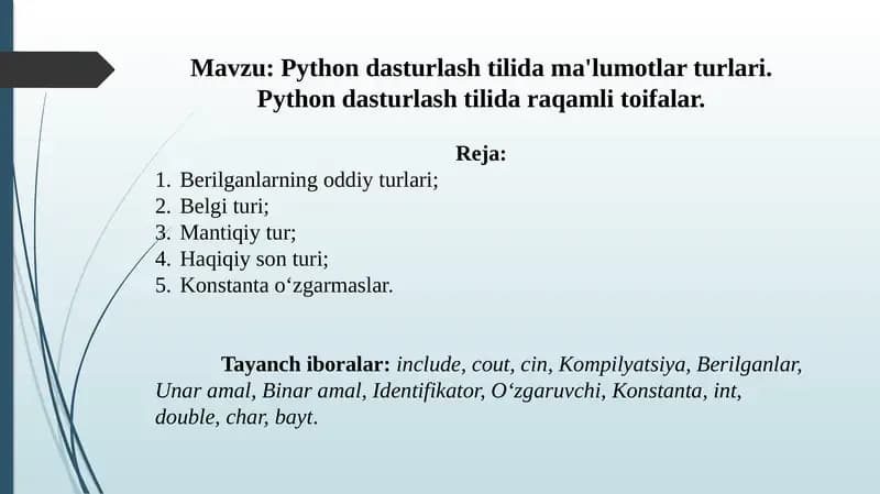 Python dasturlash tilida ma'lumotlar turlari. Python dasturlash tilida raqamli toifalar.