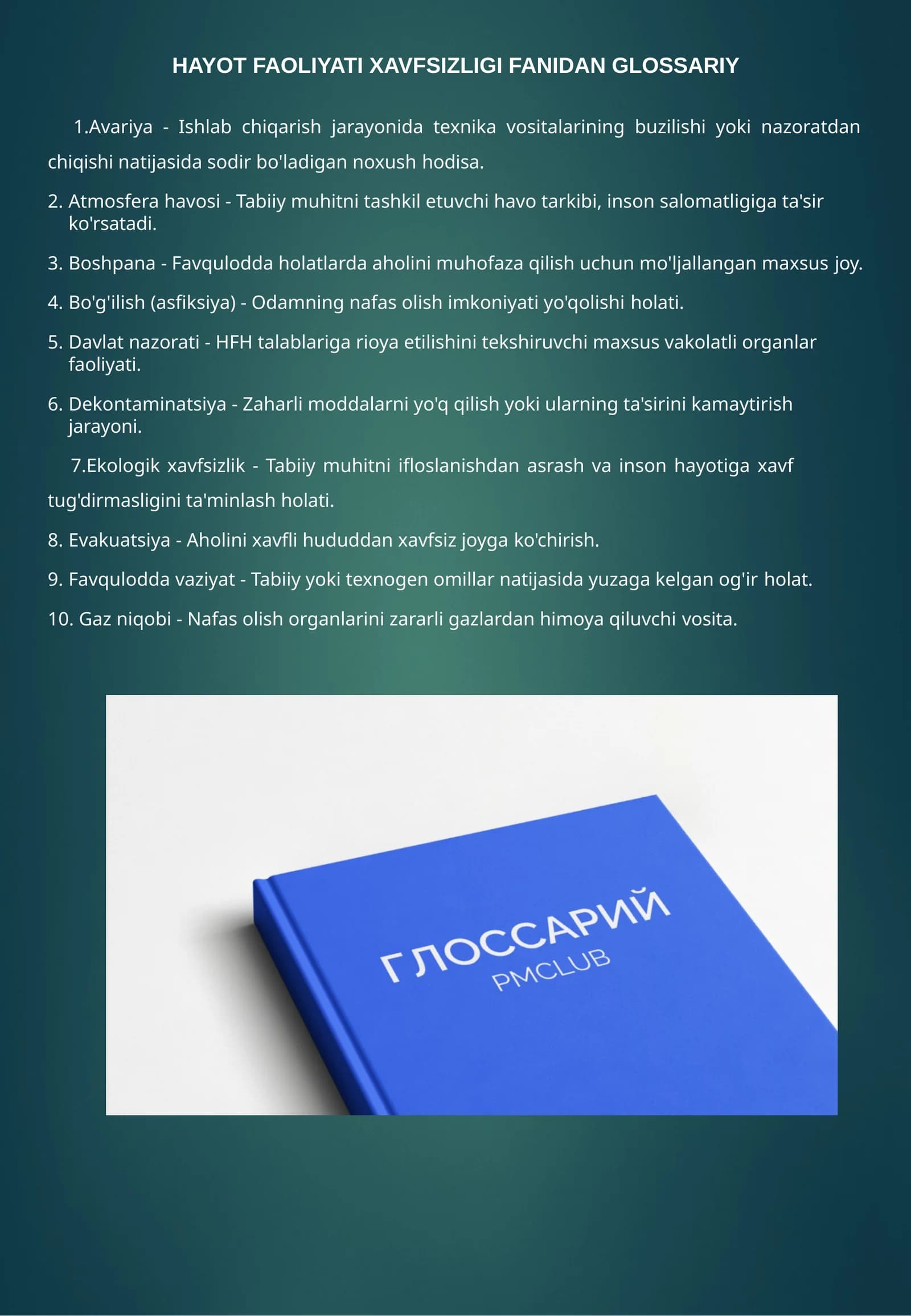HAYOT FAOLIYATI XAVFSIZLIGI FANIDAN GLOSSARIY