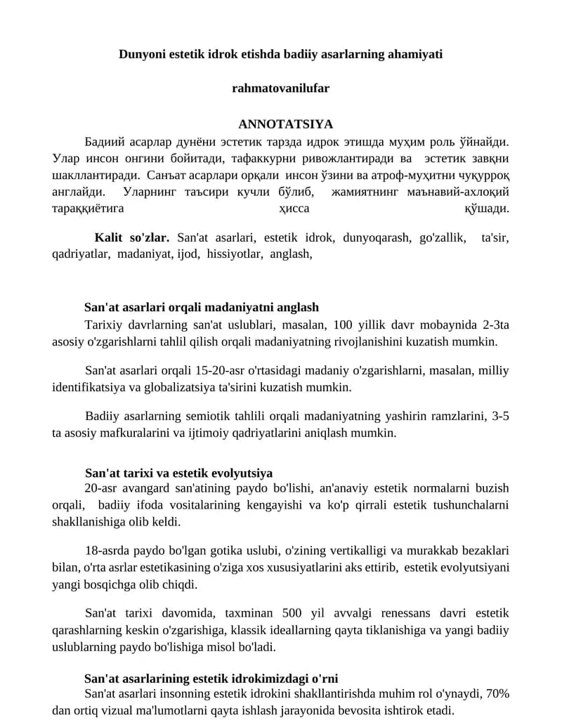 Dunyoni estetik idrok etishda badiiy asarlarning ahamiyati
