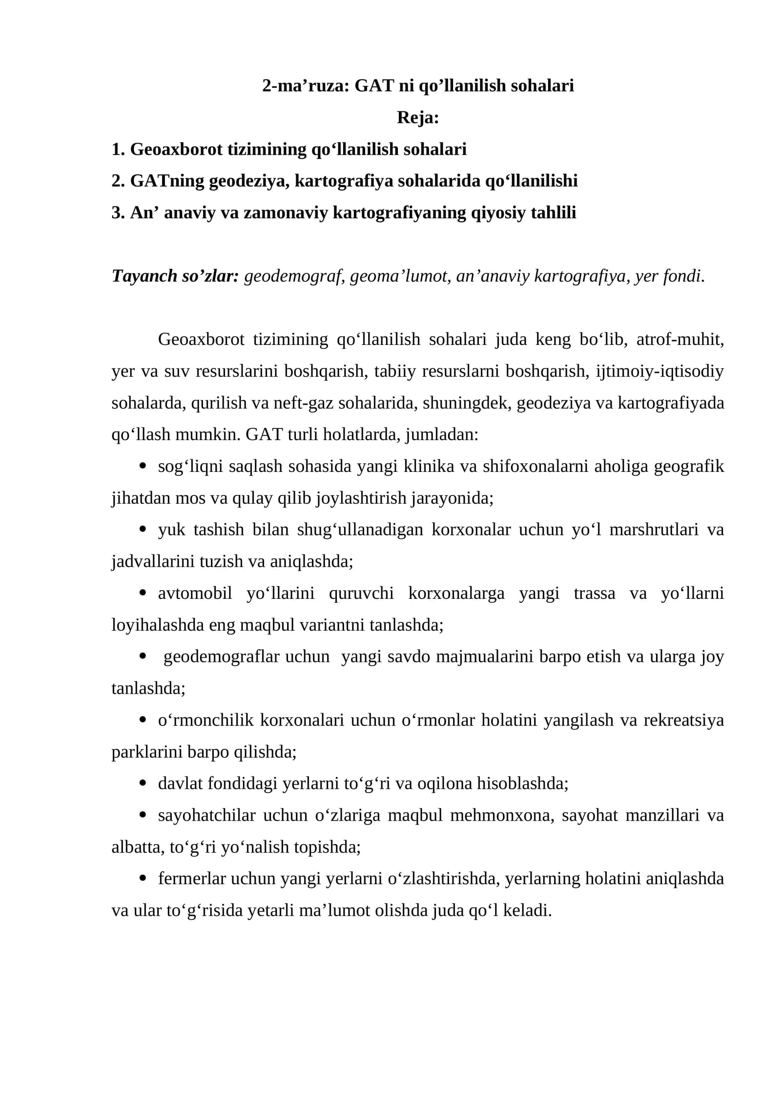 Geoaxborot tizimining qoʻllanilish sohalari