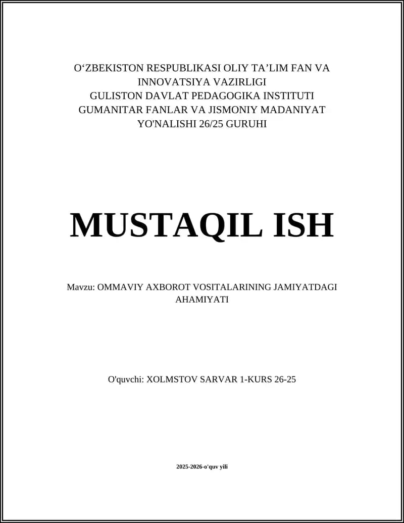 Ommaviy axborot vositalarining jamiyatdagi ahamiyati