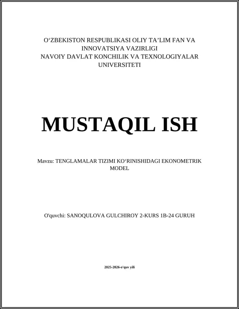 TENGLAMALAR TIZIMI KO‘RINISHIDAGI EKONOMETRIK MODEL
