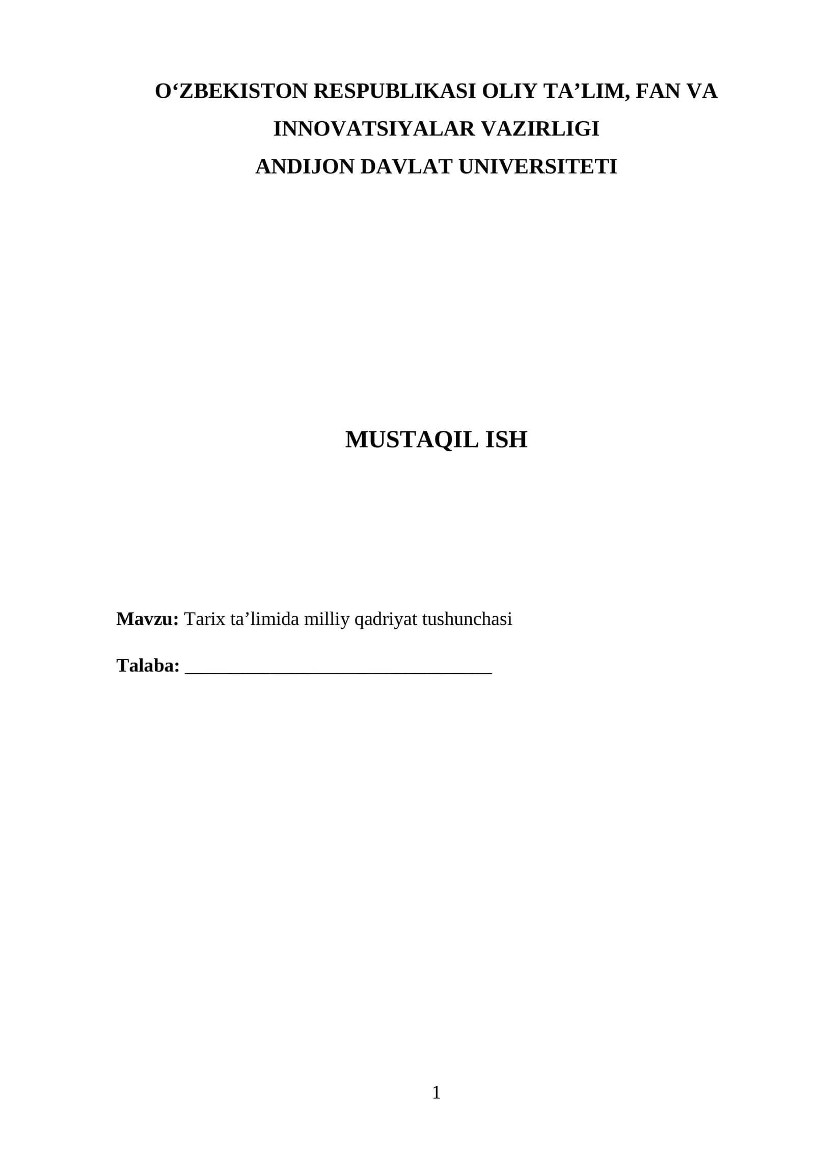 Tarix ta’limida milliy qadriyat tushunchasi