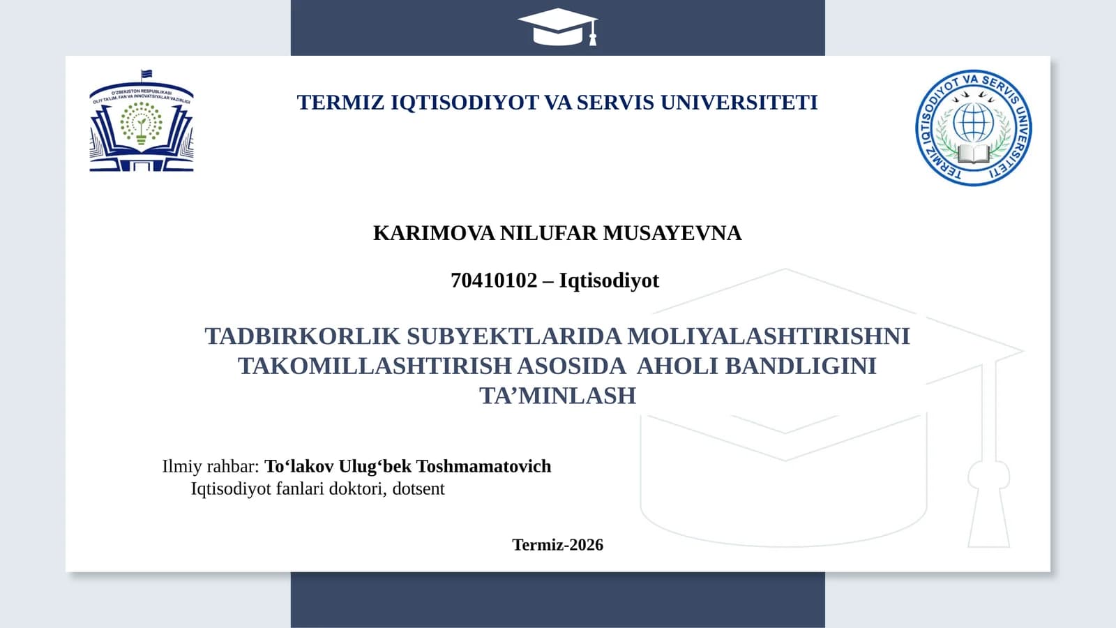 TADBIRKORLIK SUBYEKTLARIDA MOLIYALASHTIRISHNI TAKOMILLASHTIRISH ASOSIDAAHOLIBANDLIGINI TA’MINLASH