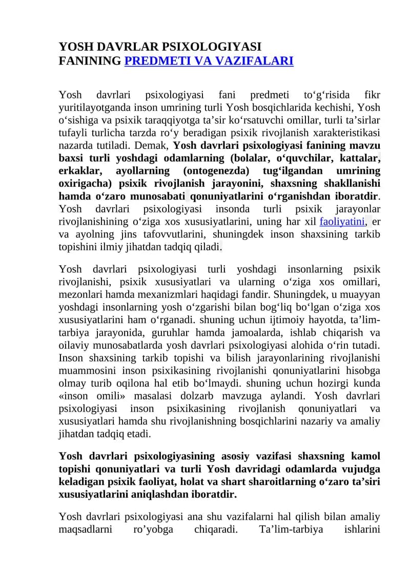 Yosh davrlari psixologiyasi fanining PREDMETI VA VAZIFALARI