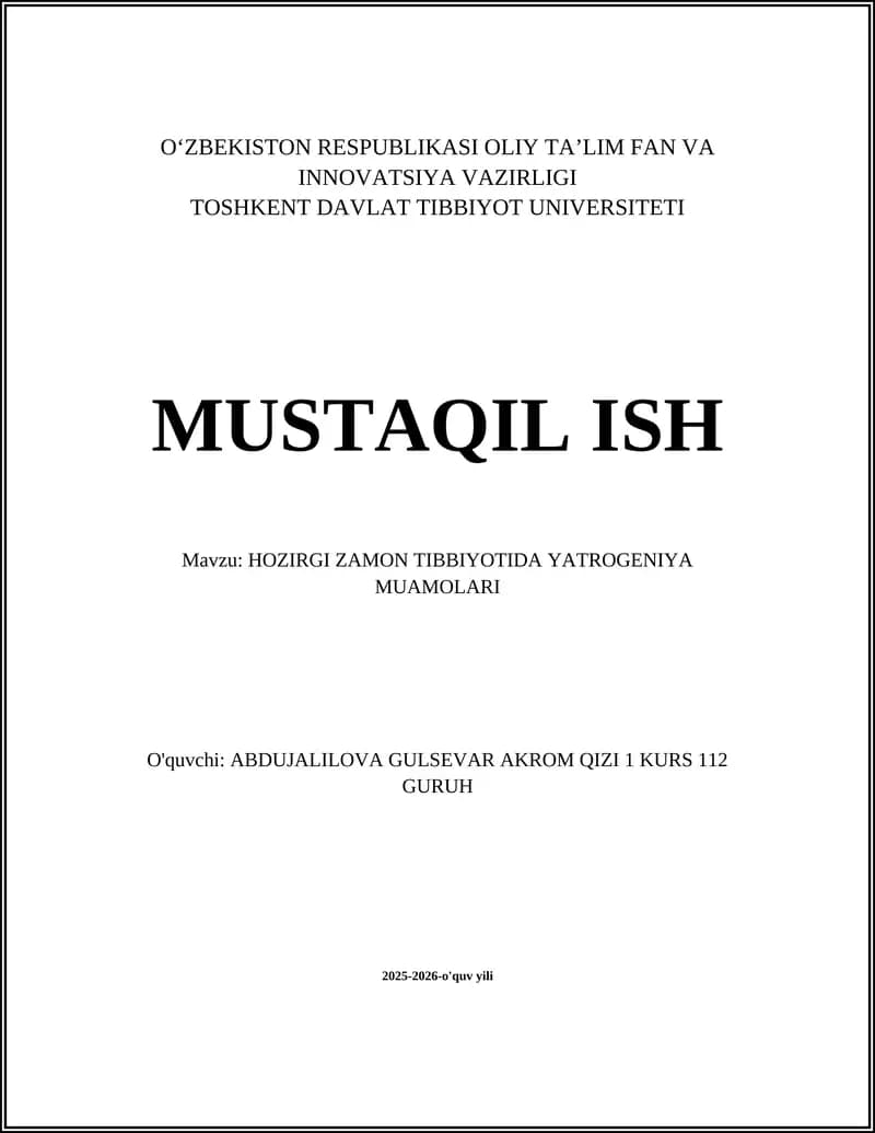HOZIRGI ZAMON TIBBIYOTIDA YATROGENIYA MUAMOLARI