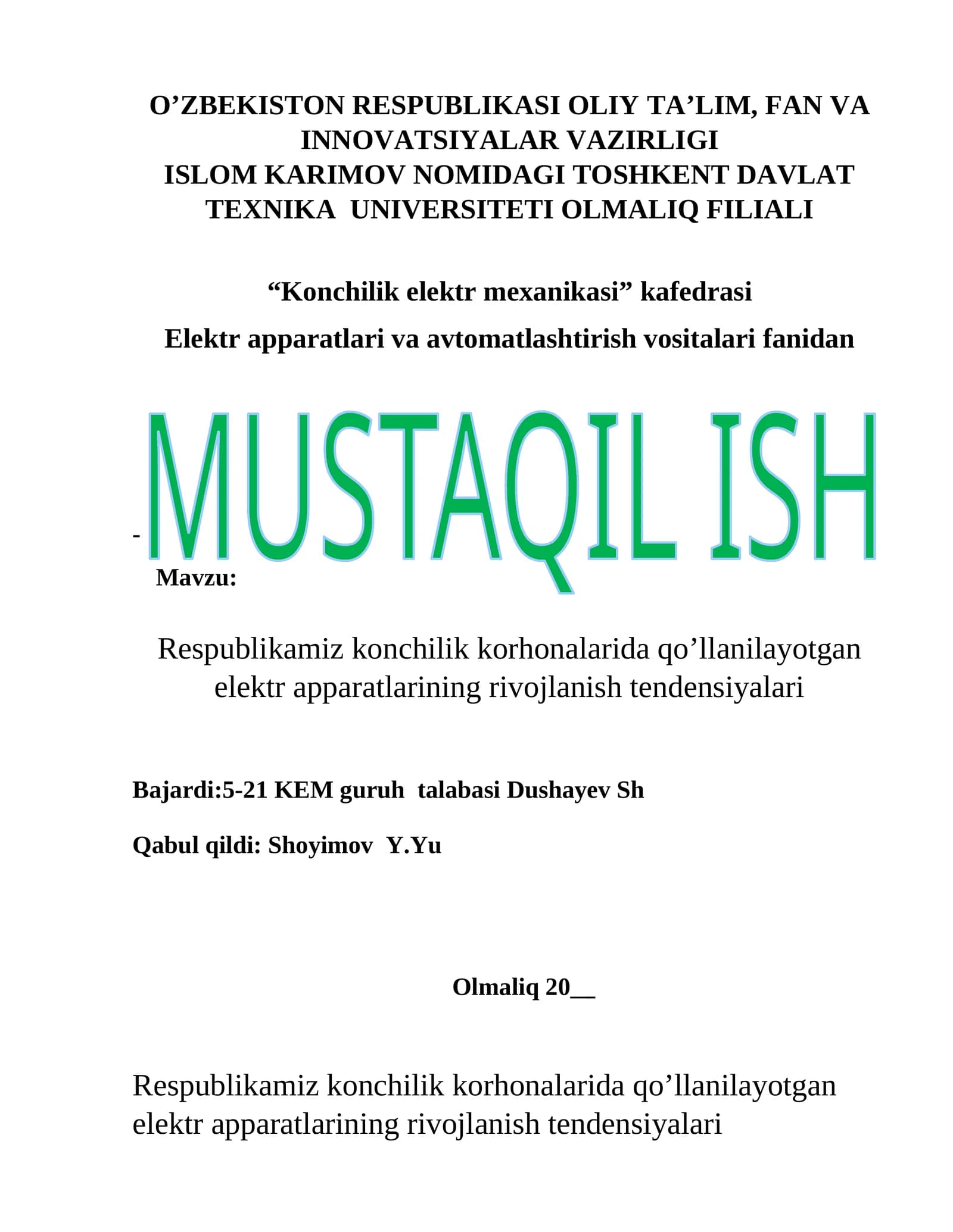Respublikamiz konchilik korhonalarida qo’llanilayotgan elektr apparatlarining rivojlanish tendensiyalari