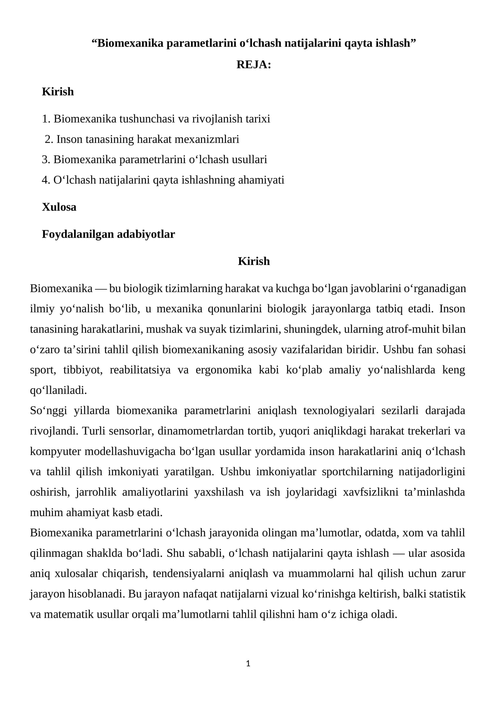 Biomexanika parametlarini o‘lchash natijalarini qayta ishlash