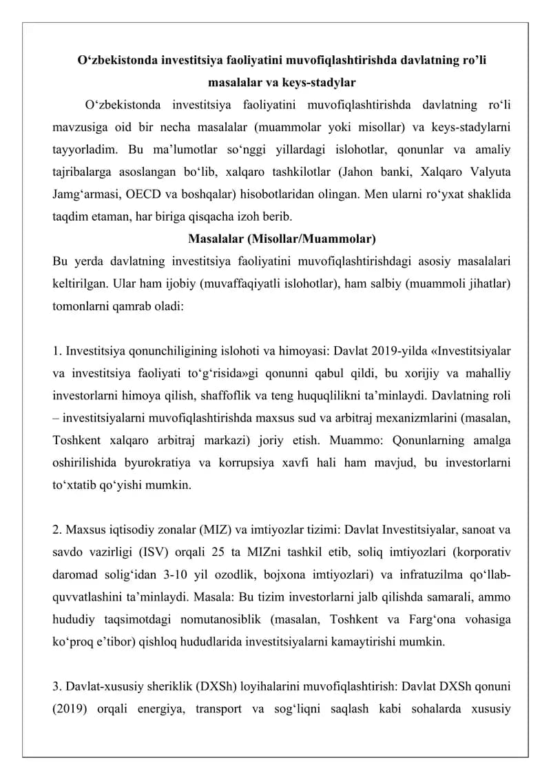 Investitsiya faoliyatini muvofiqlashtirishda davlatning ro‘li