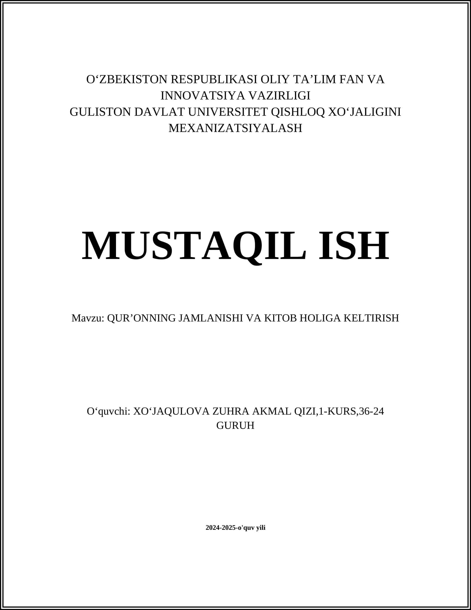QURʼONNING JAMLANISHI VA KITOB HOLIGA KELTIRISH