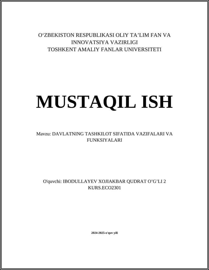 Davlatning Tashkilot Sifatida Vazifalari va Funksiyalari