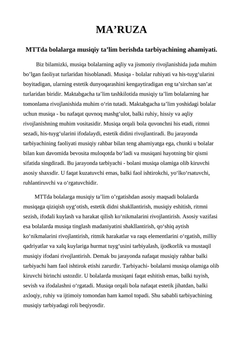 MTTda bolalarga musiqiy ta’lim berishda tarbiyachining ahamiyati