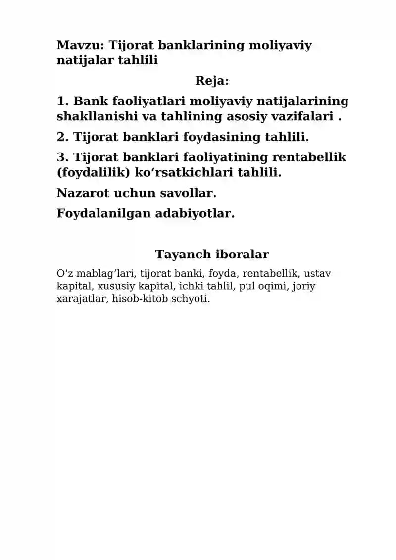 Tijorat banklarining moliyaviy natijalar tahlili