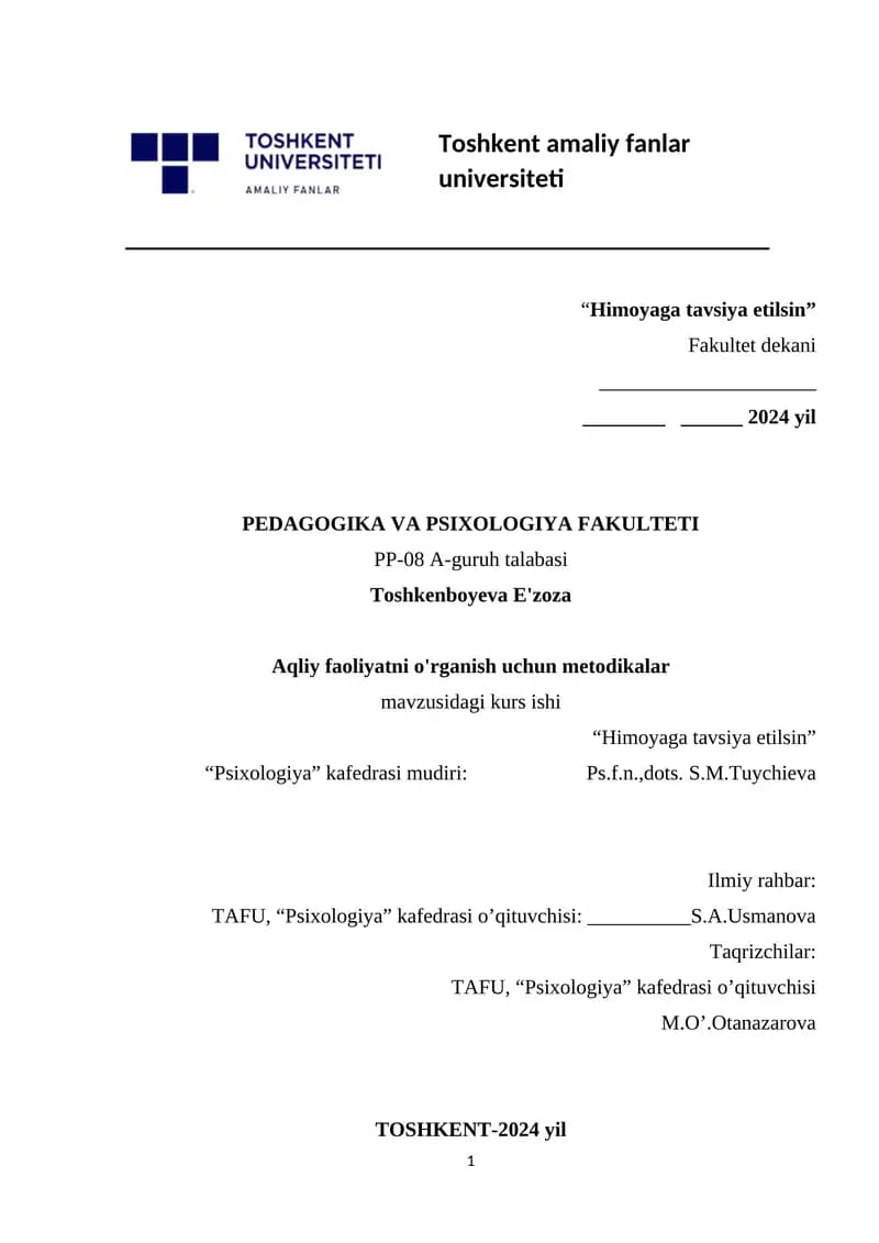 Aqliy faoliyatni o'rganish uchun metodikalar