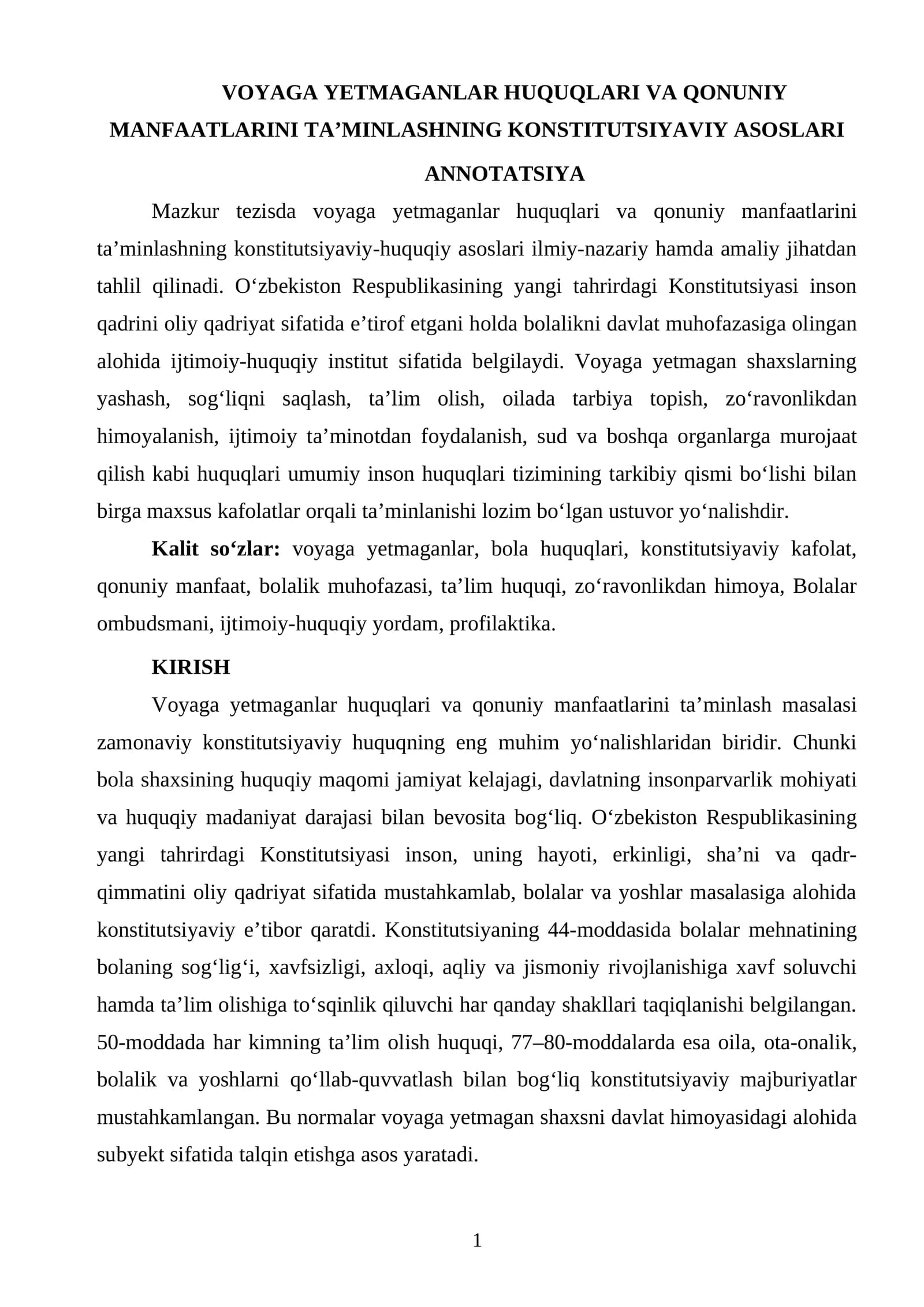 VOYAGA YETMAGANLAR HUQUQLARI VA QONUNIY MANFAATLARINI TAʼMINLASHNING KONSTITUTSIYAVIY ASOSLARI