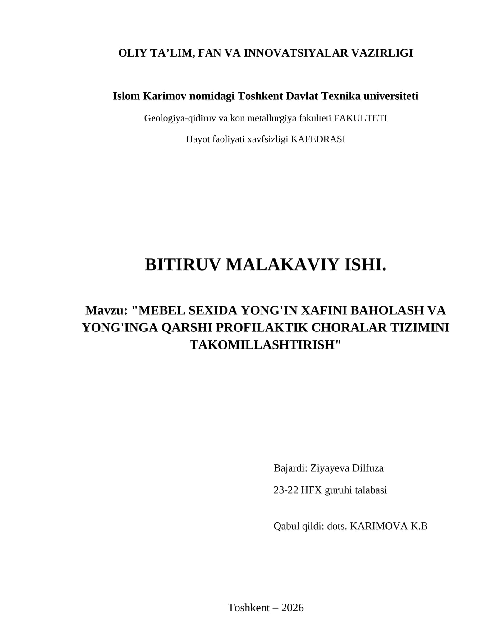 Mebel sexida yong'in xafini baholash va yong'inga qarshi profilaktik choralar tizimini takomillashtirish