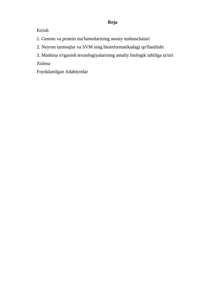 Neyron tarmoqlar va SVM ning bioinformatikadagi qo'llanilishi