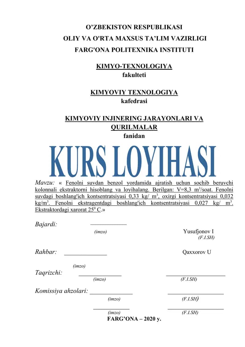 Fenolni suvdan benzol yordamida ajratish uchun sochib beruvchi kolonnali ekstraktor