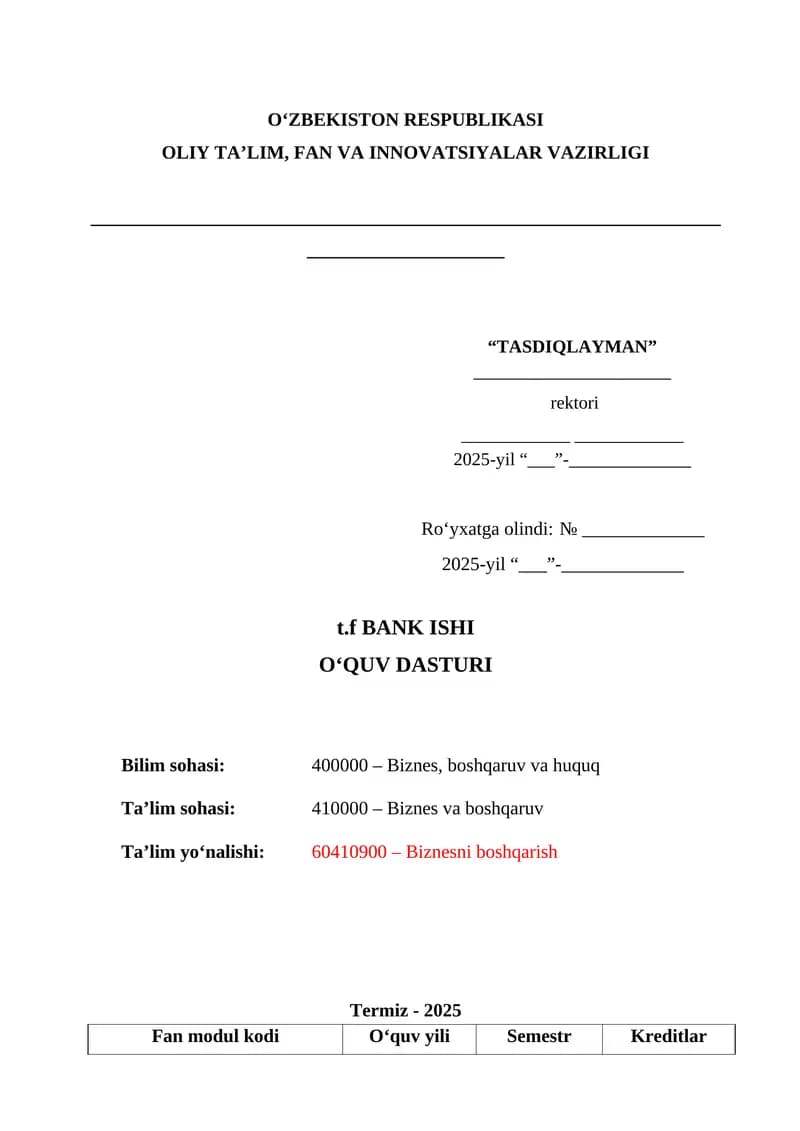 Bank Ishi O‘quv Dasturi QS Top - 300 reytingdagi