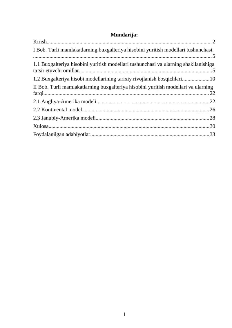 Turli mamlakatlarning buxgalteriya hisobini yuritish modellari tushunchasi  KURS ISHI