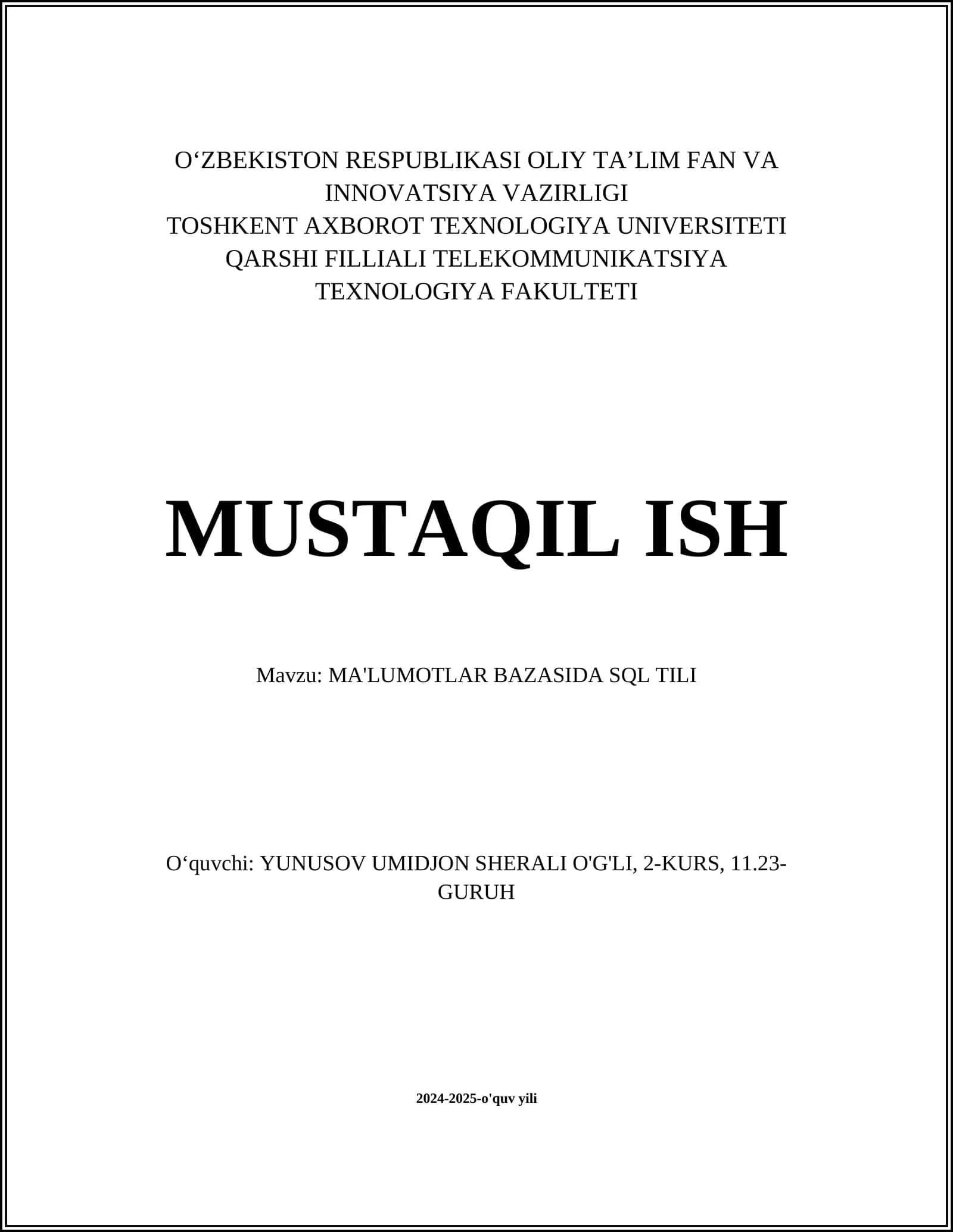 MA'LUMOTLAR BAZASIDA SQL TILI